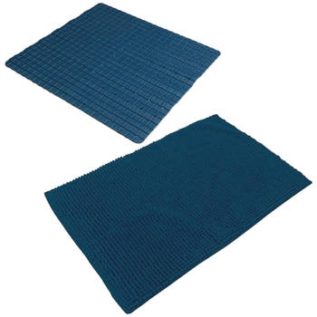 Urban Living Douche anti-slip en droogloop mat/tapijt - badkamer set - rubber/polyester - donkerblauw - Badmatjes