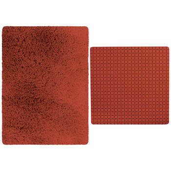 MSV Douche anti-slip mat en droogloop mat - Venice badkamer set - rubber/microvezel - terracotta - Badmatjes