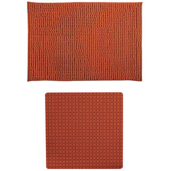 MSV Douche anti-slip mat en droogloop mat - Sevilla badkamer set - rubber/microvezel - terracotta - Badmatjes