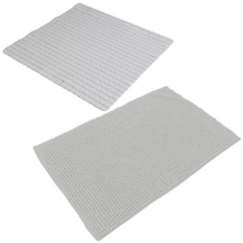 Urban Living Douche anti-slip en droogloop mat/tapijt - badkamer set - rubber/polyester - steengrijs - Badmatjes