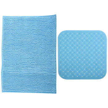 MSV Douche anti-slip mat en droogloop mat - Sevilla badkamer set - rubber/microvezel - lichtblauw - Badmatjes