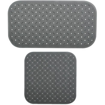 MSV Douche/bad anti-slip matten set badkamer - rubber - 2x stuks - donkergrijs - 2 formaten - Badmatjes
