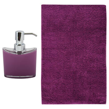 MSV badkamer droogloop mat/tapijt - Bologna - 45 x 70 cm - bijpassende kleur zeeppompje - paars - Badmatjes