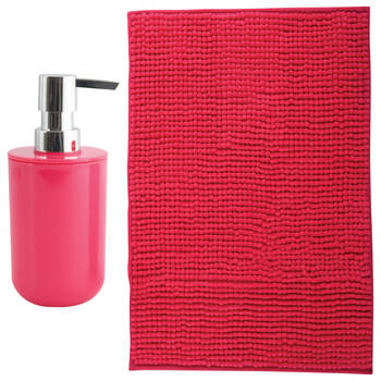 MSV badkamer droogloop mat - Milano - 40 x 60 cm - met bijpassend zeeppompje - fuchsia roze - Badmatjes
