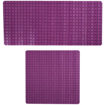 MSV Douche/bad anti-slip matten set badkamer - rubber - 2x stuks - paars - 2 formaten - Badmatjes