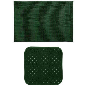 MSV Douche anti-slip mat en droogloop mat - Sevilla badkamer set - rubber/microvezel - donkergroen - Badmatjes