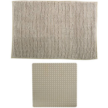 MSV Douche anti-slip mat en droogloop mat - Sevilla badkamer set - rubber/microvezel - beige - Badmatjes