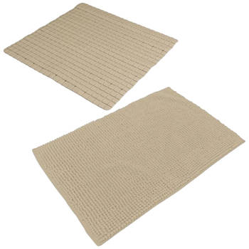 Urban Living Douche anti-slip en droogloop mat/tapijt - badkamer set - rubber/polyester - beige - Badmatjes