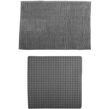 MSV Douche anti-slip mat en droogloop mat - Sevilla badkamer set - rubber/microvezel - donkergrijs - Badmatjes