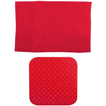 MSV Douche anti-slip mat en droogloop mat - Sevilla badkamer set - rubber/microvezel - rood - Badmatjes