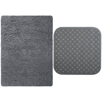 MSV Douche anti-slip mat en droogloop mat - Venice badkamer set - rubber/microvezel - donkergrijs - Badmatjes