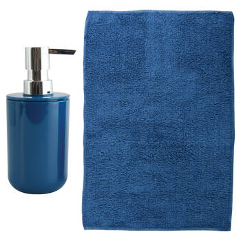 MSV badkamer droogloop mat - Napoli - 45 x 70 cm - met bijpassend zeeppompje - donkerblauw - Badmatjes