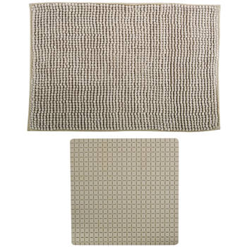 MSV Douche anti-slip mat en droogloop mat - Sevilla badkamer set - rubber/microvezel - beige - Badmatjes