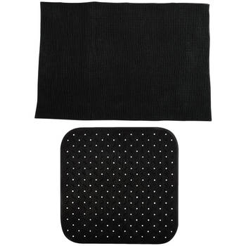 MSV Douche anti-slip mat en droogloop mat - Sevilla badkamer set - rubber/microvezel - zwart - Badmatjes