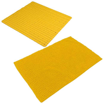 Urban Living Douche anti-slip en droogloop mat/tapijt - badkamer set - rubber/polyester - okergeel - Badmatjes