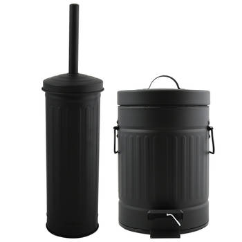 MSV Toiletborstel in houder/pedaalemmer set Industrial - Metaal - zwart - Badkameraccessoireset