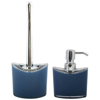 MSV Toiletborstel in houder/zeeppompje - badkamer set Aveiro - kunststof - donkerblauw - Badkameraccessoireset