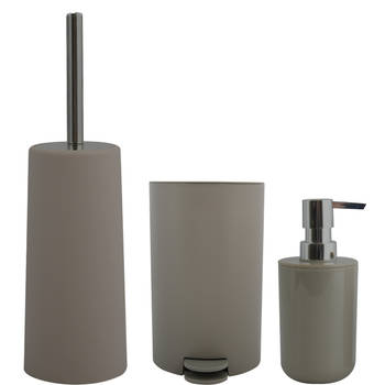 MSV Toiletborstel in houder/zeeppompje/pedaalemmer set Moods - kunststof - taupe/beige - Badkameraccessoireset