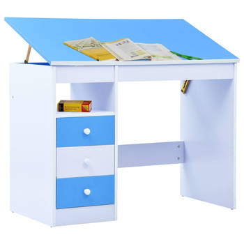 The Living Store Kindertekentafel Blauw-Wit - 100 x 55 cm - Verstelbaar tafelblad - Inclusief 3 lades en open schap -