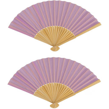Spaanse handwaaier - 2x - pastelkleuren - lila paars - bamboe/papier - 21 cm - Verkleedattributen
