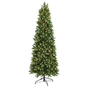 Georgia kunstkerstboom smal - 213 cm - groen - Ø 91 cm - 1.323 tips - 1.800 rode & witte ledlampjes - metalen voet