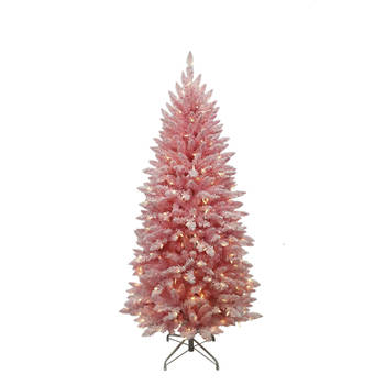 Funky Pink kunstkerstboom - 213 cm - roze - Ø 102 cm - 400 ledlampjes - besneeuwd - metalen voet