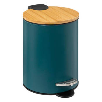 Prullenbak met soft-close - 3L inhoud - Groen/blauw - Kleine pedaalemmer met bamboe deksel - Voor badkamer en toilet