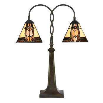 LumiLamp Tiffany Tafellamp 48x66 cm Beige Bruin Glas Tiffany Bureaulamp Beige Tiffany Bureaulamp