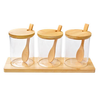 Clayre & Eef Voorraadpot Set van 3 Ø 8x10 cm Transparant Glas Hout Transparant