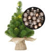 Mini kerstboom/kunstboom met verlichting 45 cm en inclusief kerstballen champagne - Kunstkerstboom