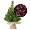 Mini kerstboom/kunstboom met verlichting 45 cm en inclusief kerstballen aubergine paars - Kunstkerstboom