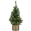 Kunstboom/kunst kerstboom groen 60 cm met verlichting en gouden pot - Kunstkerstboom