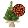 Mini kerstboom/kunstboom met verlichting 45 cm en inclusief kerstballen oranje - Kunstkerstboom