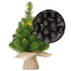Mini kerstboom/kunstboom met verlichting 45 cm en inclusief kerstballen zwart - Kunstkerstboom