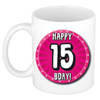 Bellatio Decorations Verjaardag cadeau mok 15 jaar - roze - wiel - 300 ml - keramiek - feest mokken
