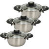 Excellent Houseware Kookpannen set - 3x - glazen deksel - RVS - 2.7/3.5/5.4 liter - Kookpannen