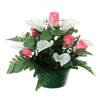 Louis Maes Kunstbloemen plantje in pot - wit/roze - 26 cm - Bloemstuk ornament - rozen met bladgroen - Kunstbloemen