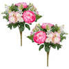 Louis Maes kunstbloemen boeket roos/hortensia - 2x - roze/cerise - H39 cm - Bloemstuk - Bladgroen - Kunstbloemen