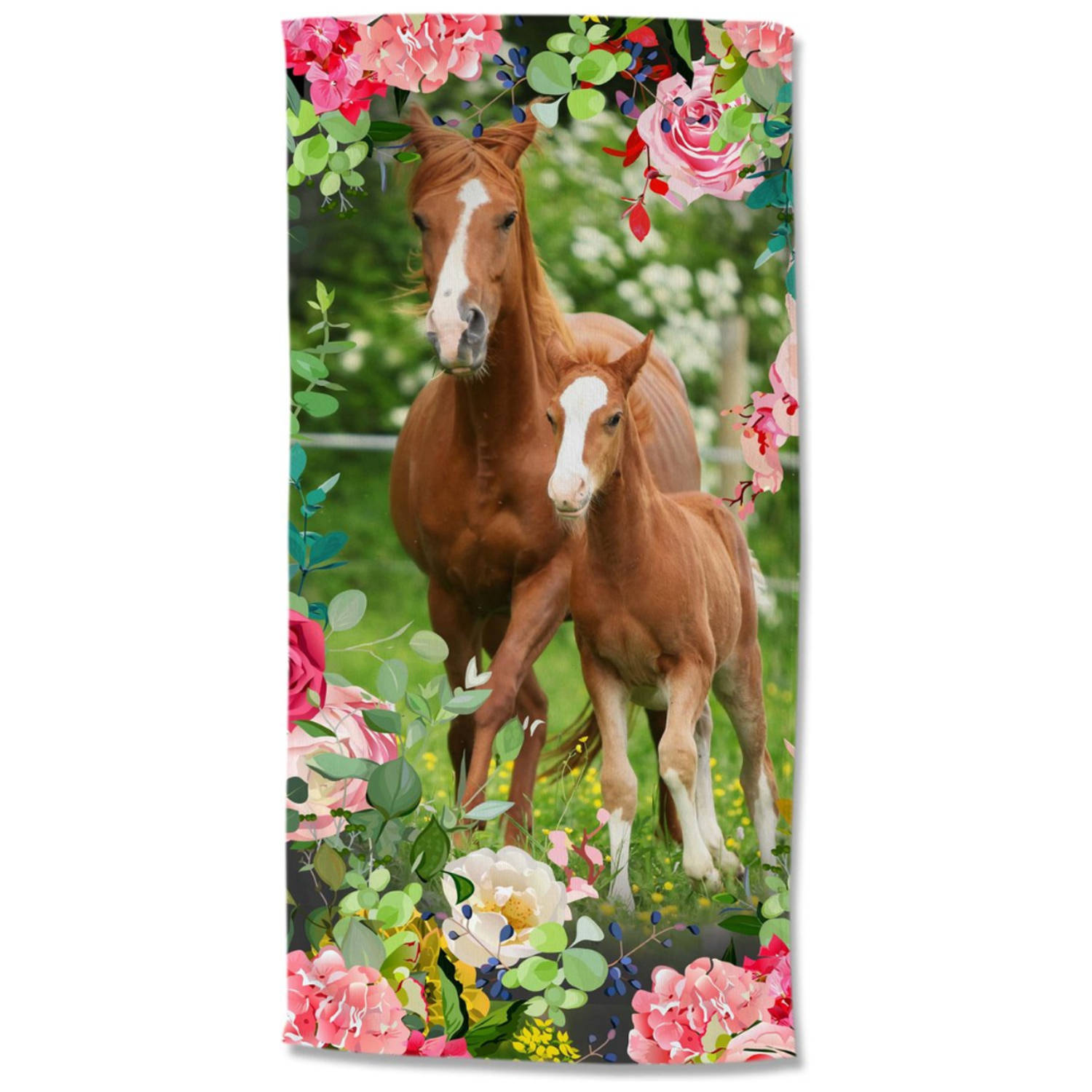 Droomtextiel Paarden Groen strandlaken - Handdoek 75x150 cm - Heerlijk Zacht - Poly Velours