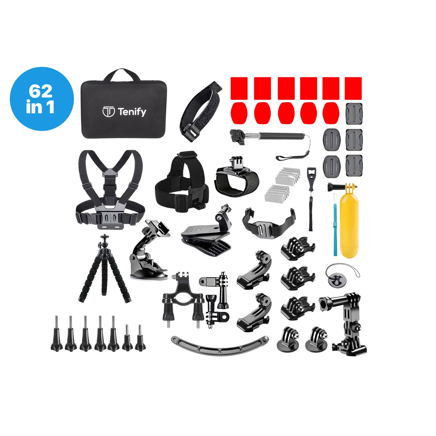 Tenify GoPro Accessoires Set 62 in 1 – Action Camera Set – Met Mount, Stick & Case – Voor GoPro Hero 11, 10, 9, 8, 7, 6, 5, 4 – Met Luxe Opbergkoffer