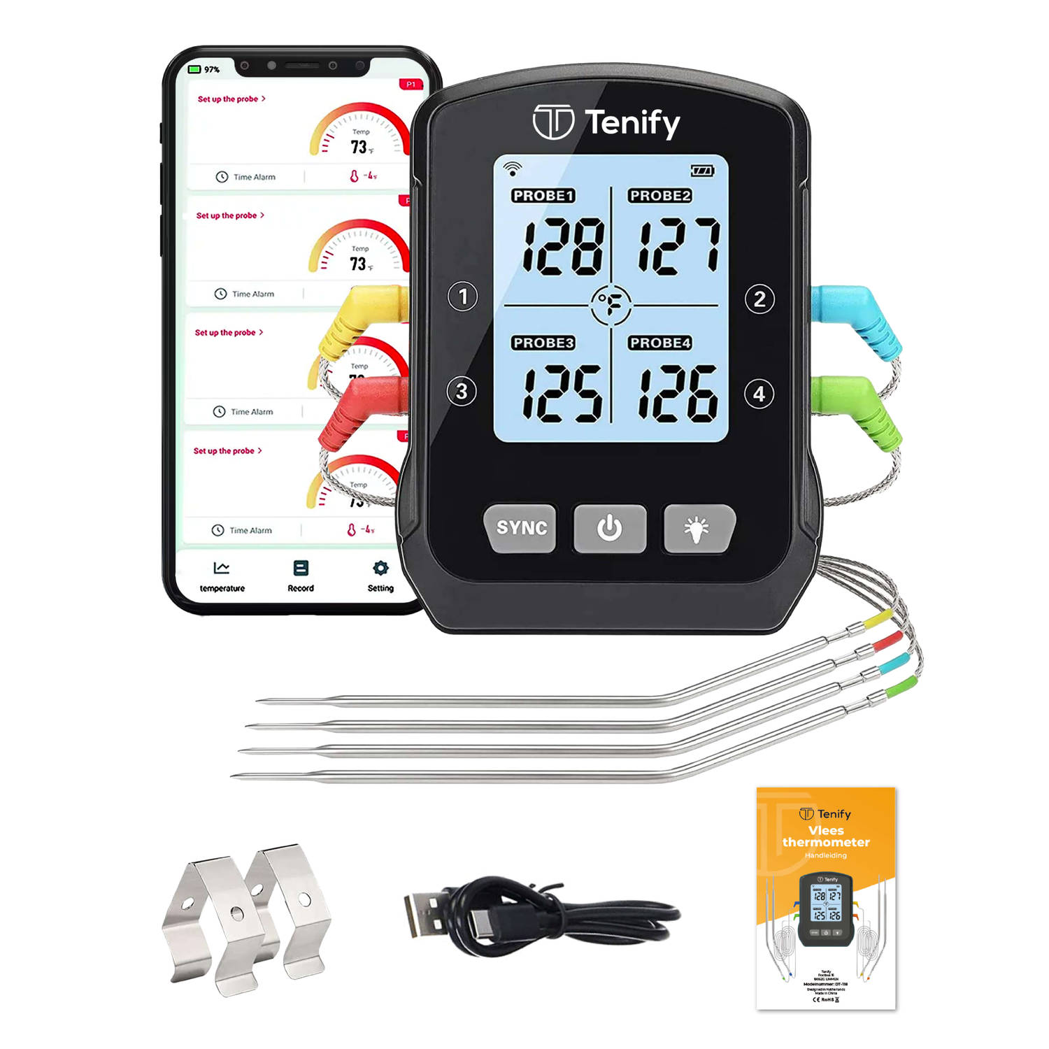 Tenify Vleesthermometer - Draadloos met Mobiele App -BBQ Thermometer - Bluetooth - Digitaal Keukenthermometer - Oventhermometer – Voedselthermometer (4 meetsondes)