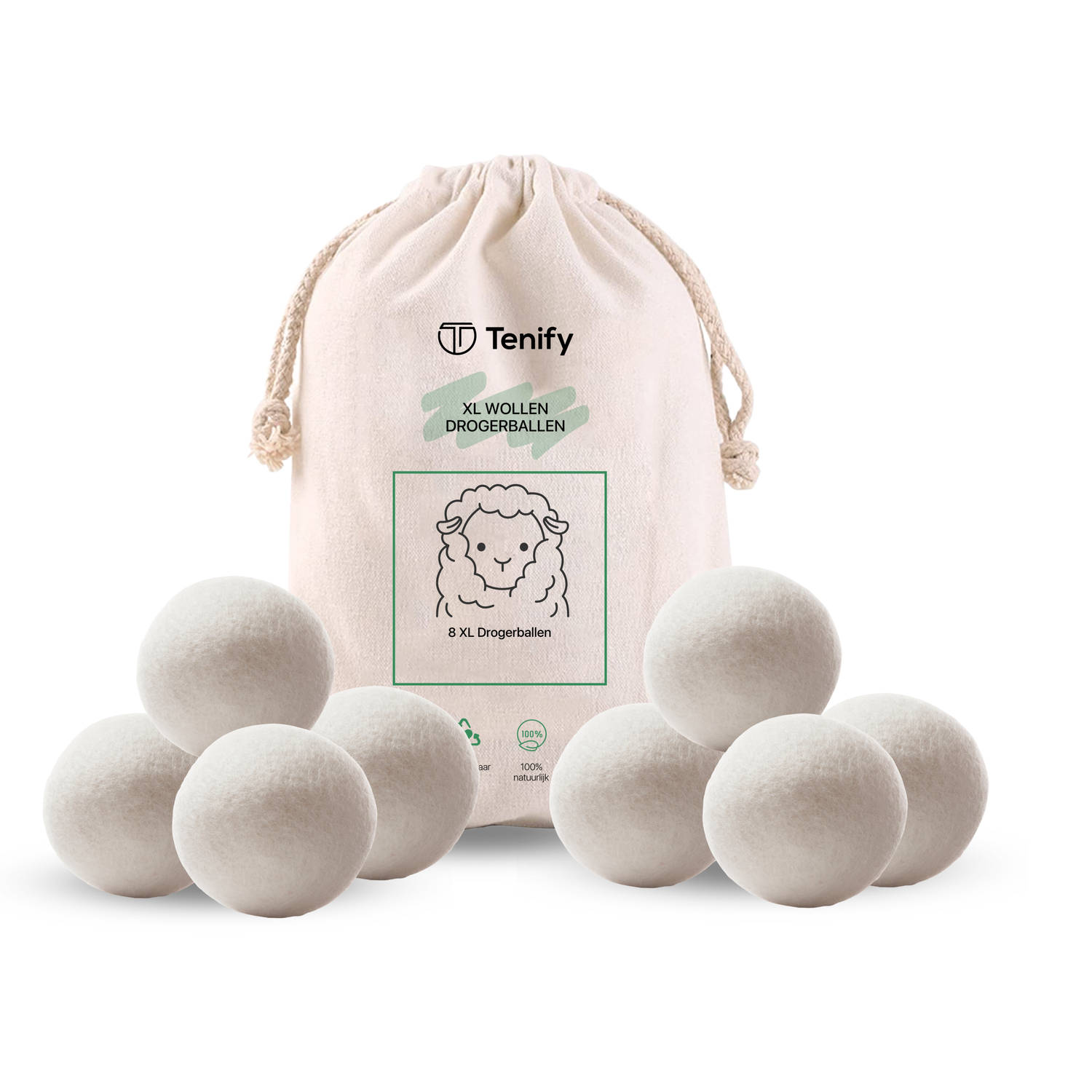 Tenify 8 XL Drogerballen - Wasbollen - Duurzaam - Schaapswol - Wasverzachter - Wasdrogerballen - Herbruikbare Droogballen - Energie Besparen