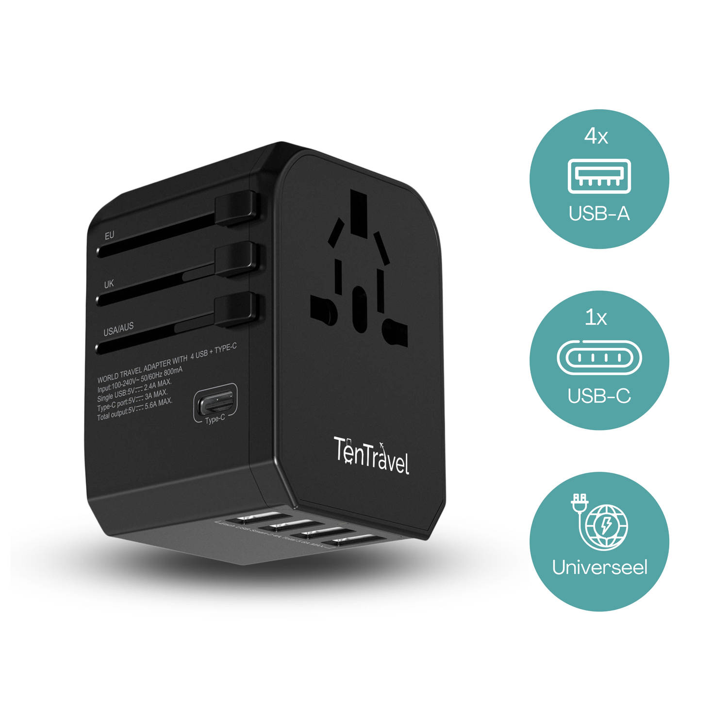 TenTravel Universele Wereldstekker + Etui - USB-C en 4 USB Poorten - 170+ Landen - 2000W - Internationale Reisstekker - o.a. Amerika, Engeland, Italie en Zuid-Afrika - Zwart