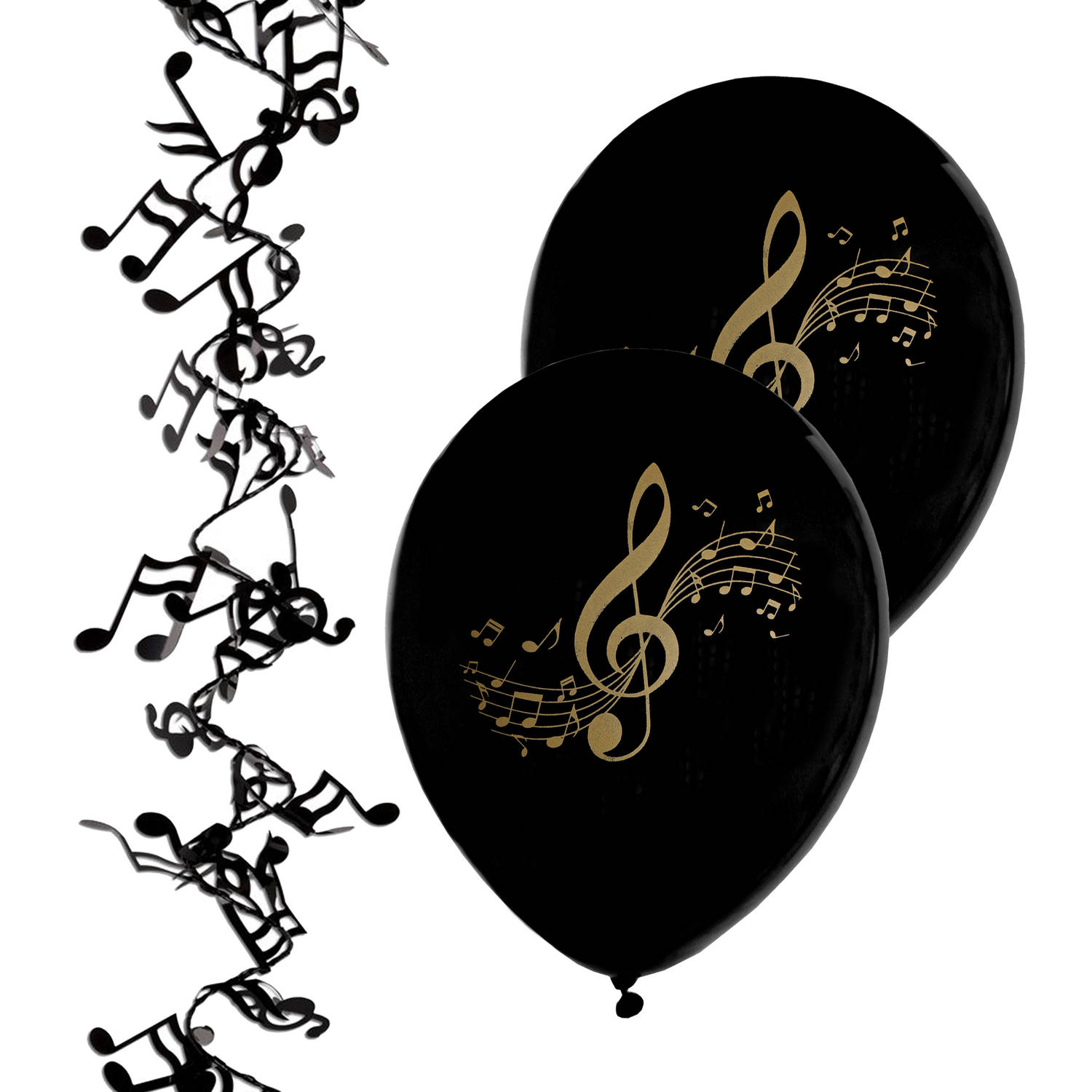 Muziek thema feest decoratie set - 16x ballonnen 23 cm - 1x slinger 7,5 m- zwart - muzieknoten - Feestpakketten
