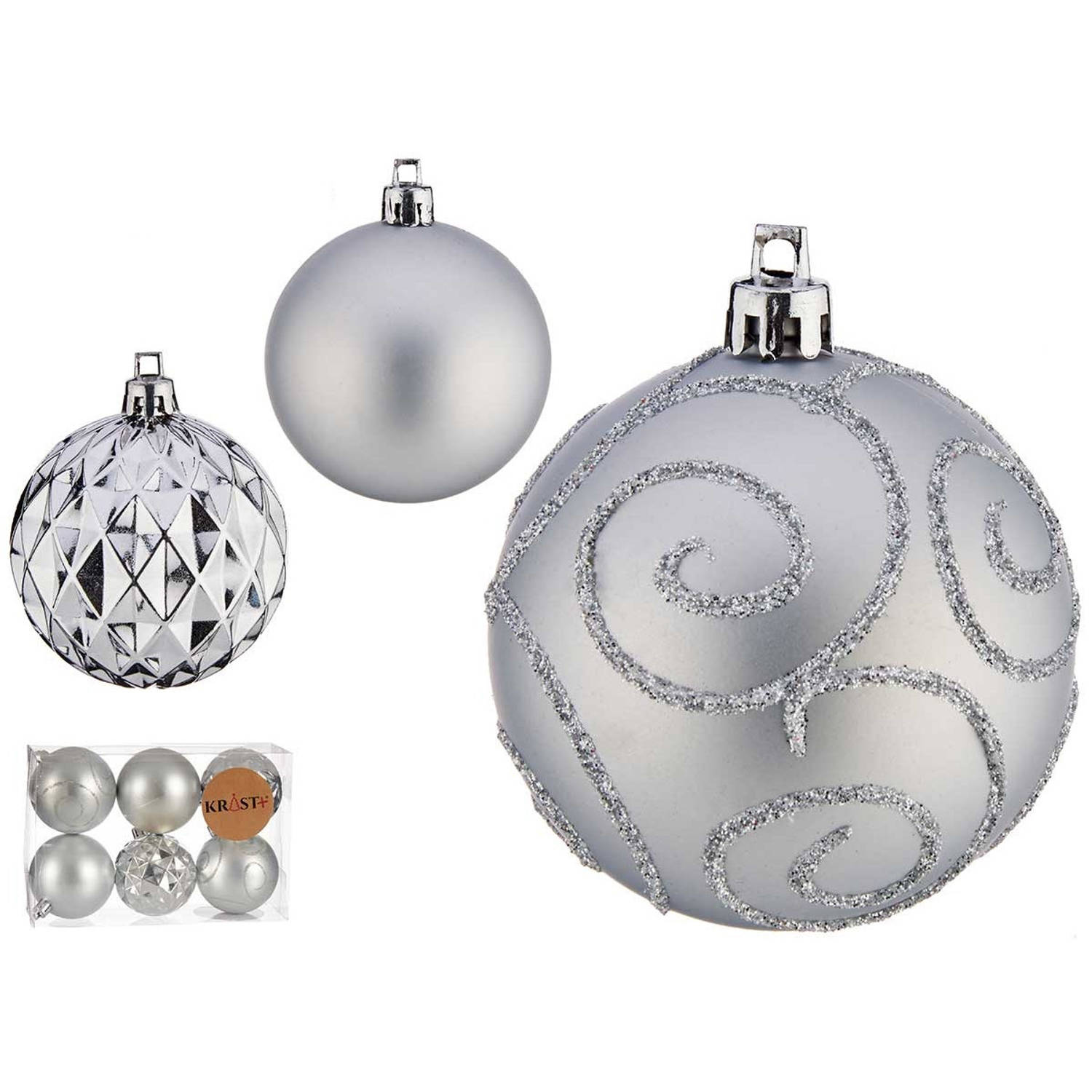 Krist+ gedecoreerde kerstballen - 6x stuks - zilver - kunststof - 6 cm