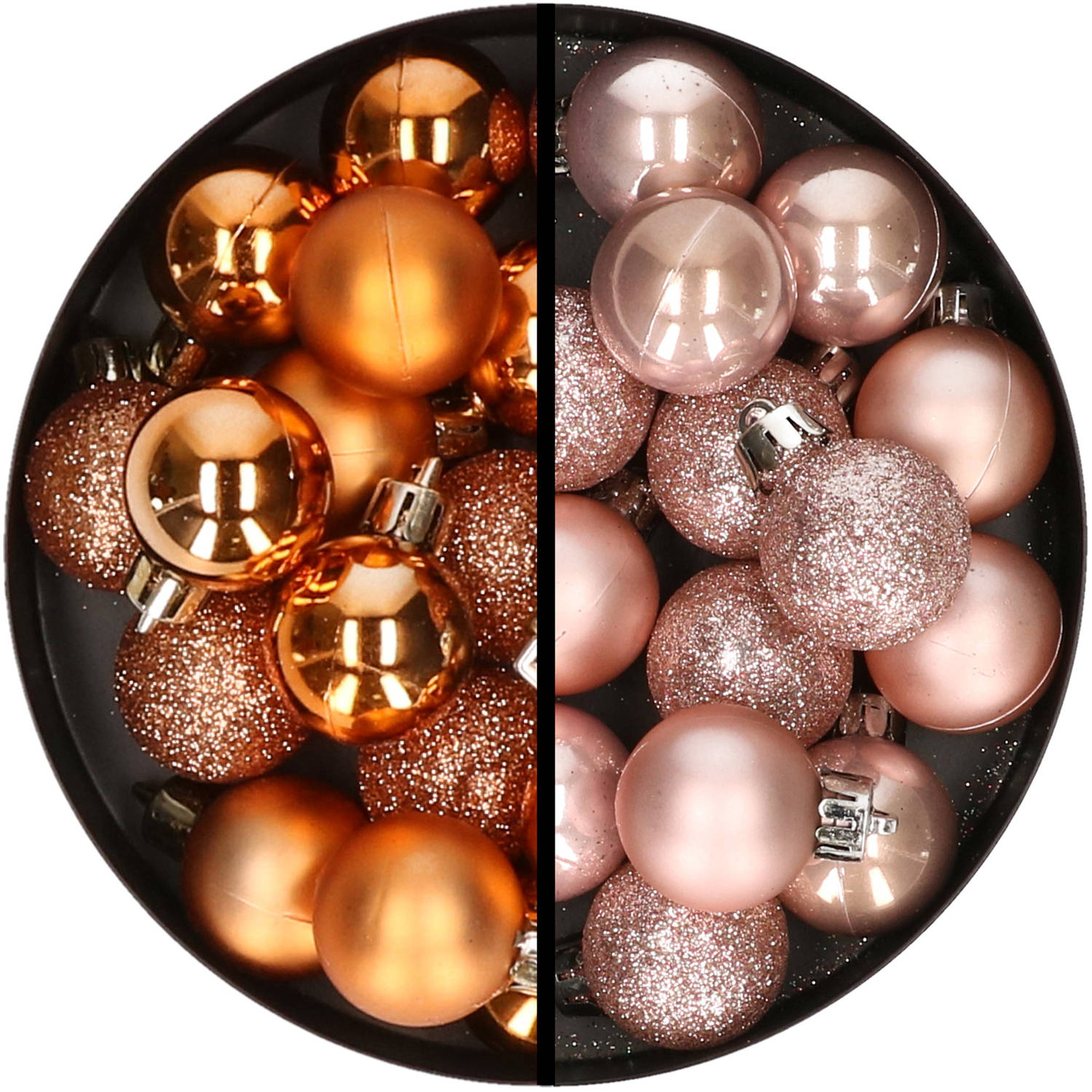 34x stuks kunststof kerstballen koper en lichtroze 3 cm Kerstbal