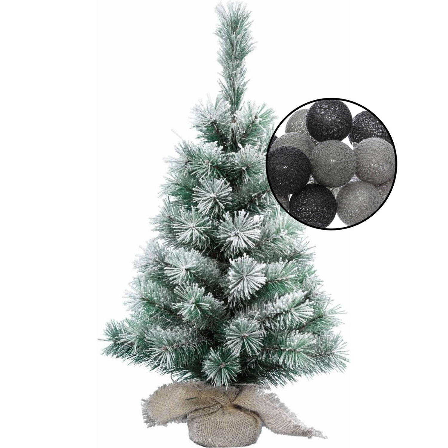 Mini kerstboom besneeuwd met verlichting in jute zak H60 cm zwart-grijs Kunstkerstboom