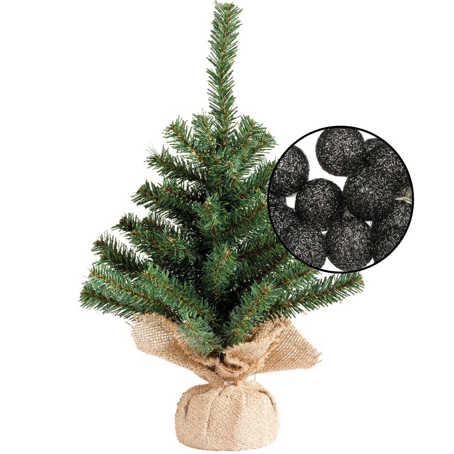 Mini kunst kerstboom groen met verlichting in jute zak H45 cm zwart Kunstkerstboom