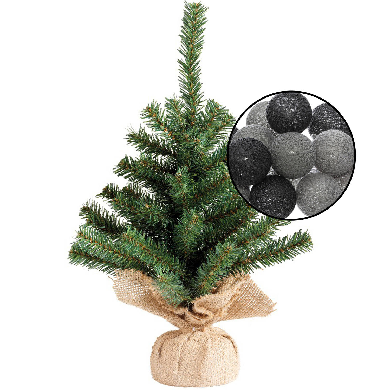 Mini kunst kerstboom groen met verlichting in jute zak H45 cm zwart-grijs Kunstkerstboom