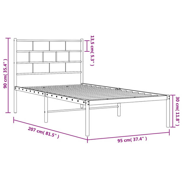 vidaXL Bedframe met hoofdbord metaal wit 90x200 cm